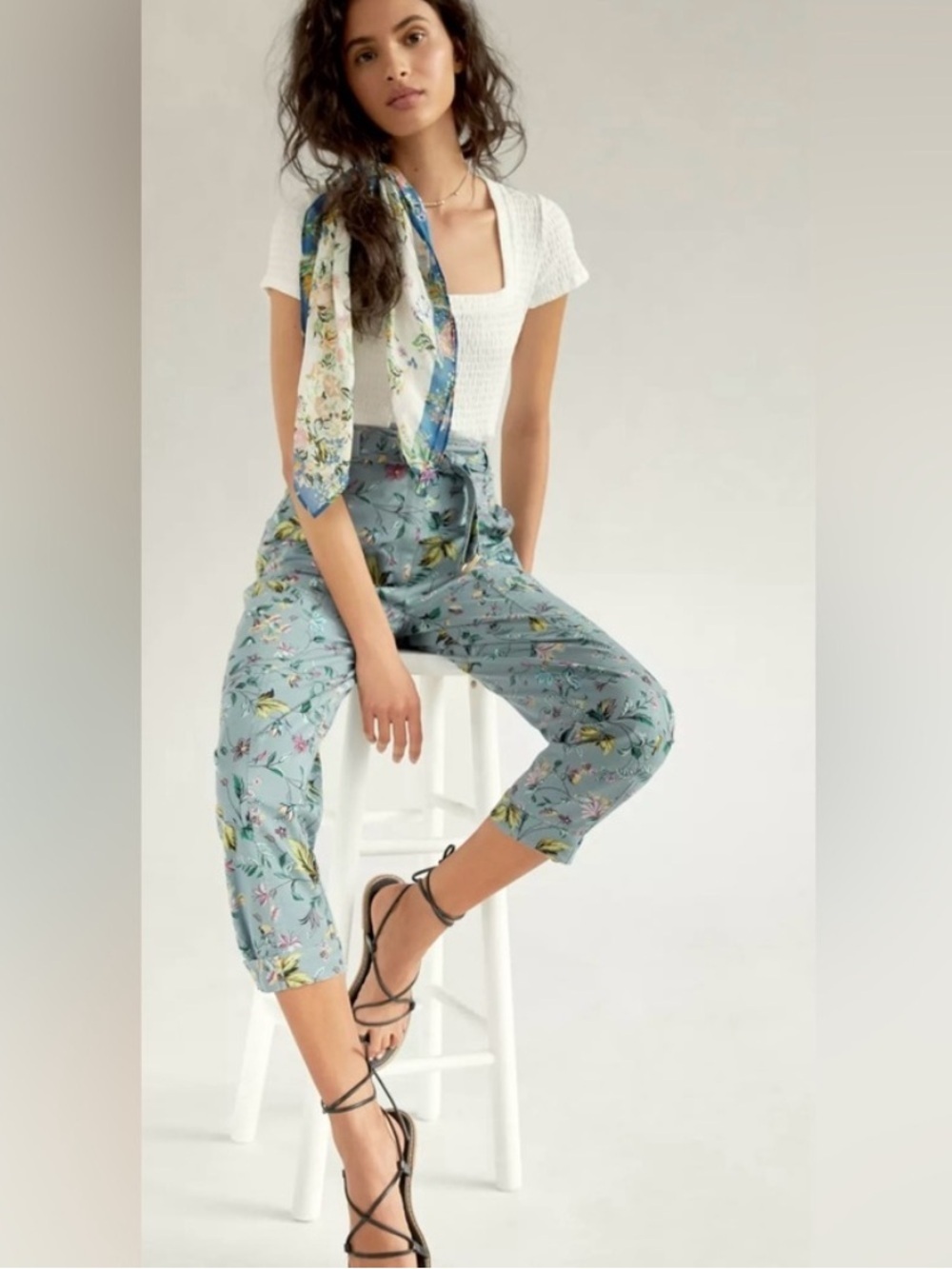 Anthropologie Victoria High Rise Floral Print Cargo Pants in Blue/Green Sz 10